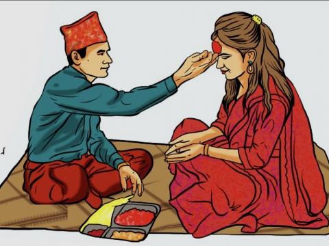शुभ साइतको प्रतीक रातो टीका र समृद्धिको प्रतीक जमरा लगाइँदै 